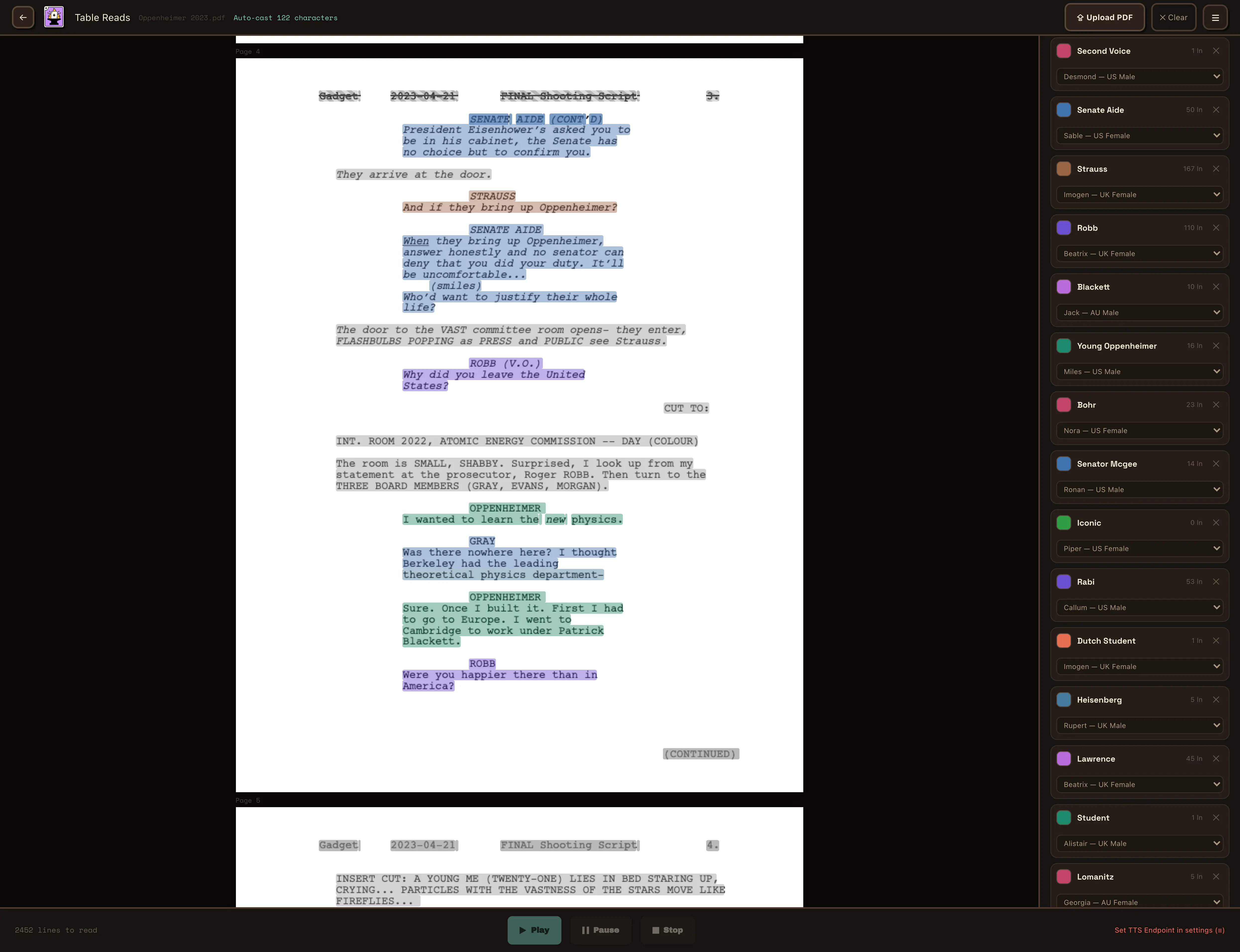 Table reads — PDF script player with auto-cast voices and character highlighting