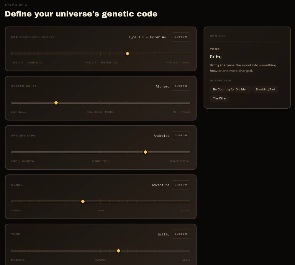 Project DNA editor — sliders for era, system rules, species, genre, and tone
