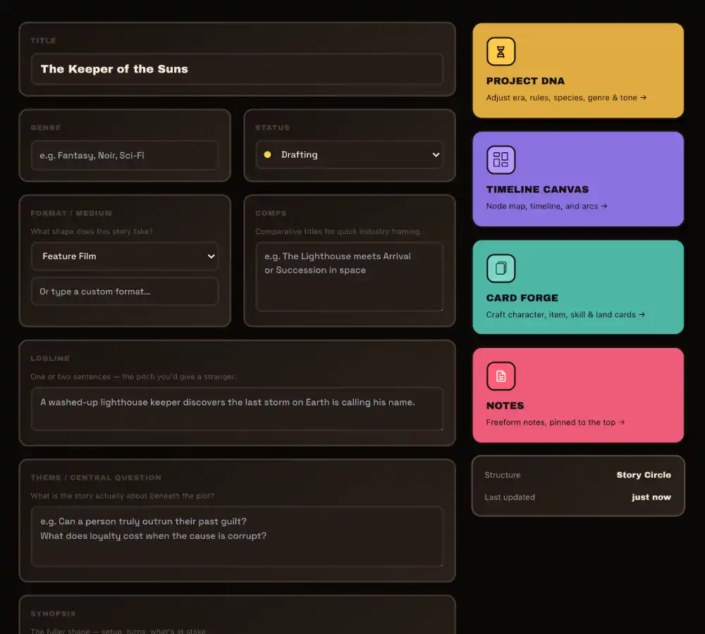 Project overview — title, genre, status, logline, and quick-access tools